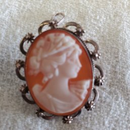 Lovely Vintage Cameo Pin Within An Ornate 800 Silver Setting