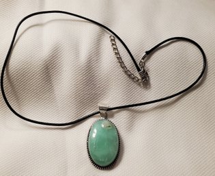 Silver Plated Chrysoprase Pendant 1 1/4 X 13/16' With A 16-18' Black Cloth Necklace