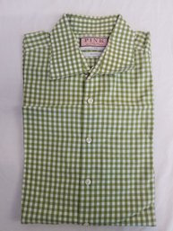 Men's Thomas Pink Slim Fit Green & White Gingham Long Sleeve Shirt - Size 17.5