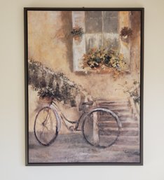 Framed Art Print - Courtyard Bicycle Impressionist Blooming Staircase Scene