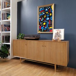 C 1960 Furnette NY 3 Door Walnut Credenza- Media Cabinet