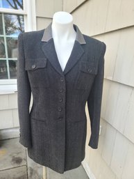 Striking Rena Lang Wool Blazer With Leather Collar Size Large