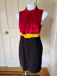 Alice And Olivia Stylish Dress With Red Silk Satin Top/black Bottom And Fun Yellow Belt