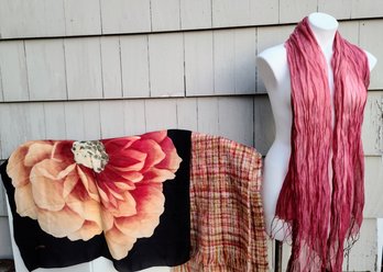 One Scottish Mohair Shawl And Two Silk Scarves, One Adrienne Vittadini And