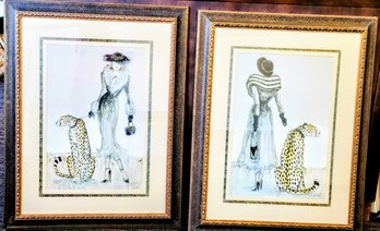 Triple Matted Karen Dupre Framed Prints Of Fashionable Ladies And Leopard