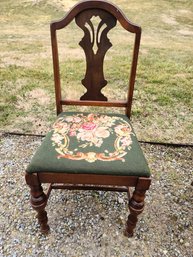 Antique Needlepoint Green Floral Side Chair