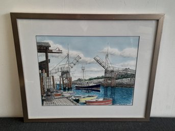 Pen And Ink Print Water Color Of A Boat Scene