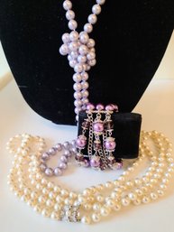 Fun Faux Opera Pearls In Lavender, Amethyst And Pearly White - 2 Necklaces And A Bracelet That Is A Stretchy