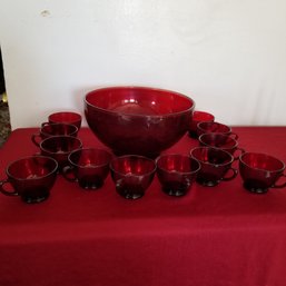 Anchor Hocking Ruby Red Punch Bowl And 12 Cups