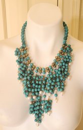 Another Spectacular Iris Apfel Stunning Magnacite And Freshwater Pearl Necklace/Bib With Gold Accents