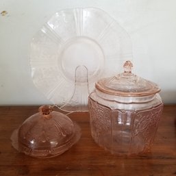 3 Piece Pink Depression Glass - Cheese Dish, Canister, Platter