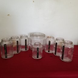 6' Anchor Hocking Ribbed Jar And 7 Owen Glass Glass Containers W. Lids