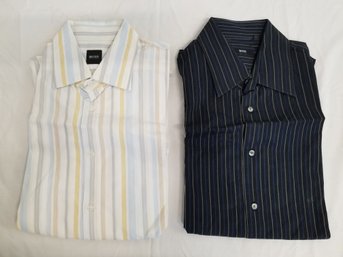 Two Men's Hugo Boss Striped Long Sleeve Shirts - Size Large & 16.5/32-33