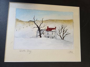 'Winter Day' Watercolor, Signed