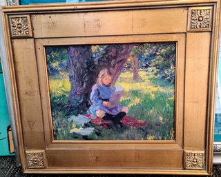 Beautifully Framed Print In Vibrant Colors Of Girl Reading A Book Under A Tree, Unsigned