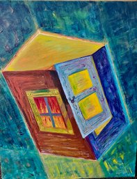 Modern Painting Of Door And Window On Canvas, Unsigned