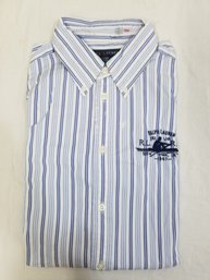 Women's Vintage Ralph Lauren Blue & White Striped Long Sleeve Shirt With 1967 Row Logo - Size 14