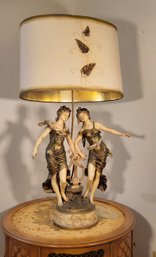 Signed Augustus Moreau Cast Bronze And Cold Painted Large Antique Lamp.