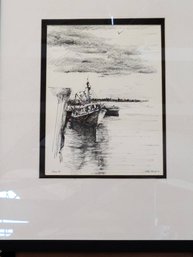 Original Charcoal, Ink, And A Touch Of Orange 'Garim Road Fishing Dock'  Signed Abby Abrams 1963