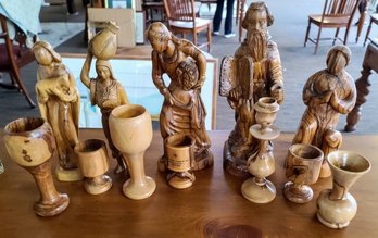 Large Group Of Olive Wood Religious Figurines/chalices