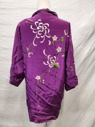 Vintage Ladies Floral Embroidered Silk Lined Kimono Style Robe Made In Japan