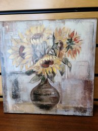 Sunflowers In A Brass Vase, On Wood Board Signed Silvia Vassileva