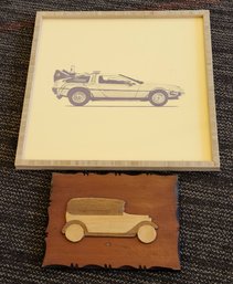 DeLorean Back To The Future Wall Art Paired With Antique Car On Wood