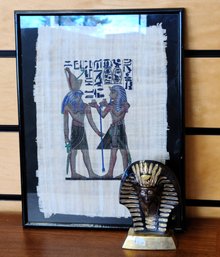 Sphinx Figurine And Handpainted Egyptian Papyrus Art