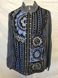 Y2k Bob Mackie Gray Knit  Blue Floral Embroidered Long Sleeve Jacket L