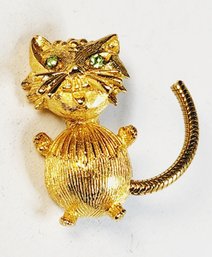 Gold Tone Fat Cat Pin/brooch With Studded Eyes