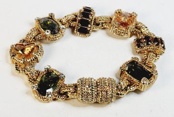 1960s Gold Tone Ornate Multi Color Stone Heavy Solid Bracelet With Magnetic Clasp