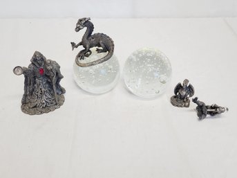 WAPW Vintage Pewter Miniature Fantasy Wizard & Dragon Figurines & Art Glass Paperweights- See Description