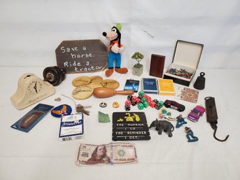 Cool Pot Luck Junk Drawer Lot Of Toys, Gadgets, Vintage Bank, Figurines & More