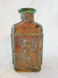 Vintage Italian Tooled Leather & Green Glass 7.5' Decanter - Missing Stopper - Cherub Themed