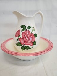 Vintage Pink Rose Hand Painted Pottery Pitcher & Wash Basin Bowl