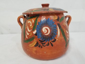 Vintage Hand Painted Ceramic Olla De Barro Frijolera With Lid