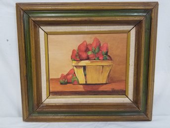 Framed Vintage Still Life Oil Painting On Canvas 'Strawberries In A Basket' Signed By Artist