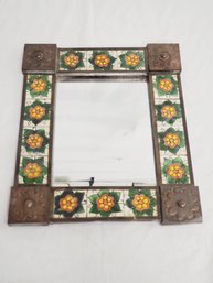 Vintage Mexican Tin & Tile Folk Art Wall Mirror By Karma