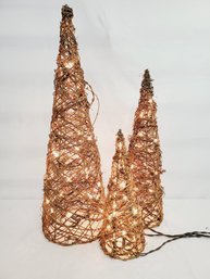 Trio Of Lighted Twig & Wire Decorative Holiday Christmas Trees