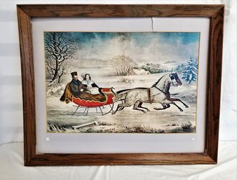 Vintage The Road Winder By O. Knirsch Couple In Sleigh Wood Framed Print