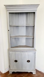 Vintage Well Loved Wood Gray Painted Corner Cupboard Cabinet