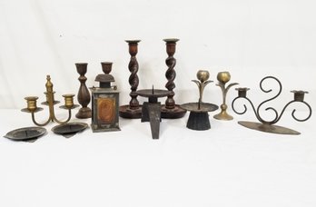 Vintage Collection Of Wood, Brass & Metal Candle Holders