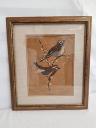 Framed Vintage Sparrows On A Branch Needlepoint Wall Hanging