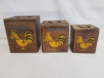 Vintage Wooden Nesting Sugar, Coffee & Tea Canister Set With Hand Painted Roosters - Made In Japan