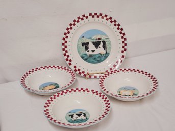 Vintage Tienshan Stoneware Folk Art Farm Animal Themed Dinnerware Assortment