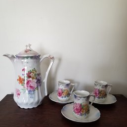 German Vtg Chocolate Pot And 3 Cup And Saucers