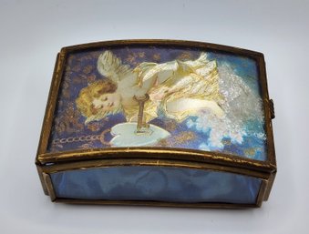 Fabulous Handcrafted Via Vermont Blue Glass Angel Jewelry Box With Mirror Bottom