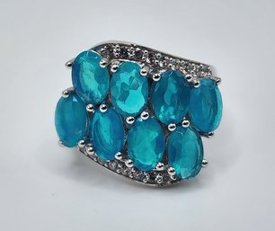 Blue Opal 8 Stone Ring In Rhodium Over Sterling