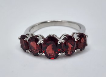 Red Garnet 5 Stone Ring In Rhodium Over Sterling