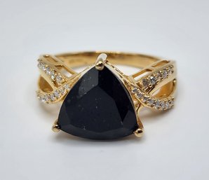 Black Tourmaline, Moissanite Ring In Yellow Gold Over Sterling